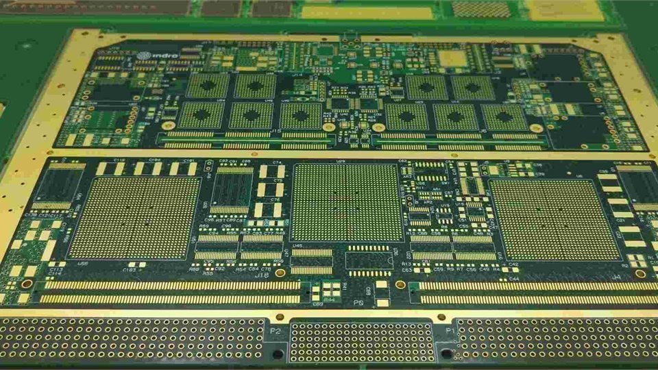 Panel of bare circuit boards with dense traces, component pads and board outlines
