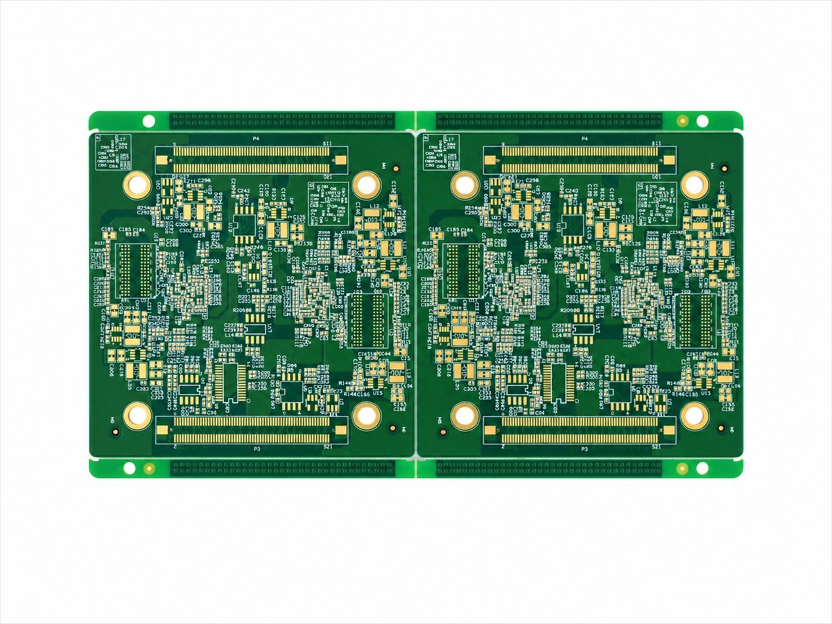 Heavy-copper PCB panel with green solder mask and gold pads