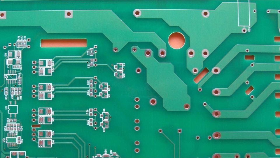 Green bare circuit board with wide copper paths, pads and mounting holes