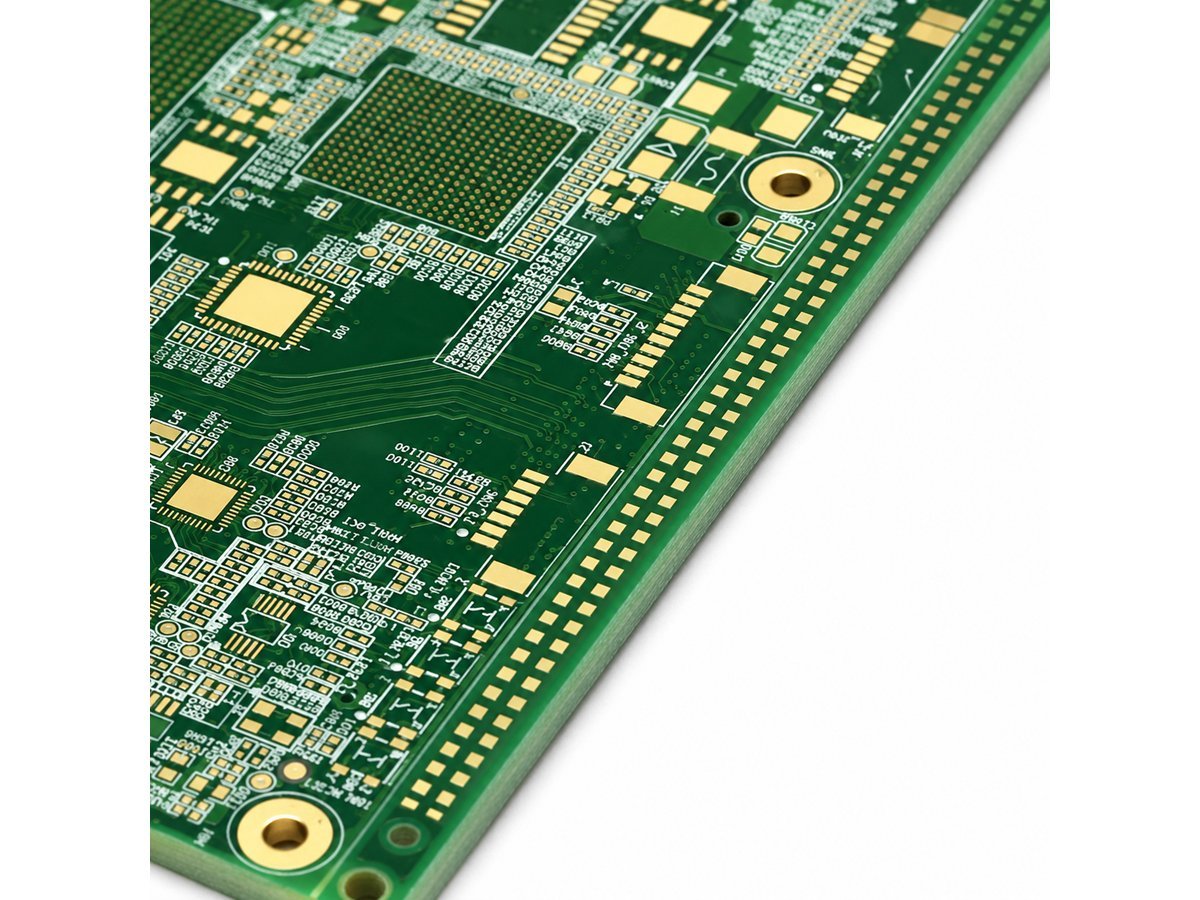 Close-up of high-density PCB traces and BGA pad array