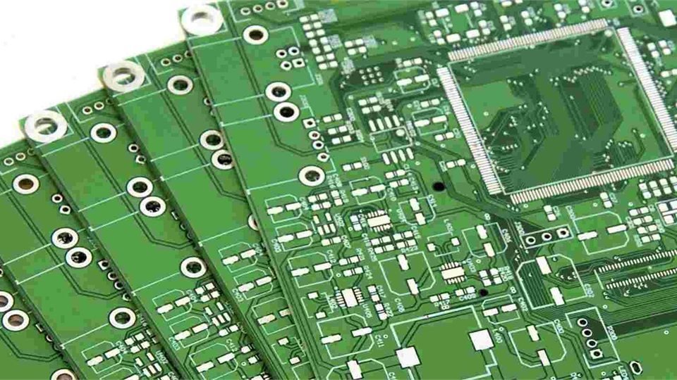 Group of green bare circuit-board samples with traces, pads and mounting holes