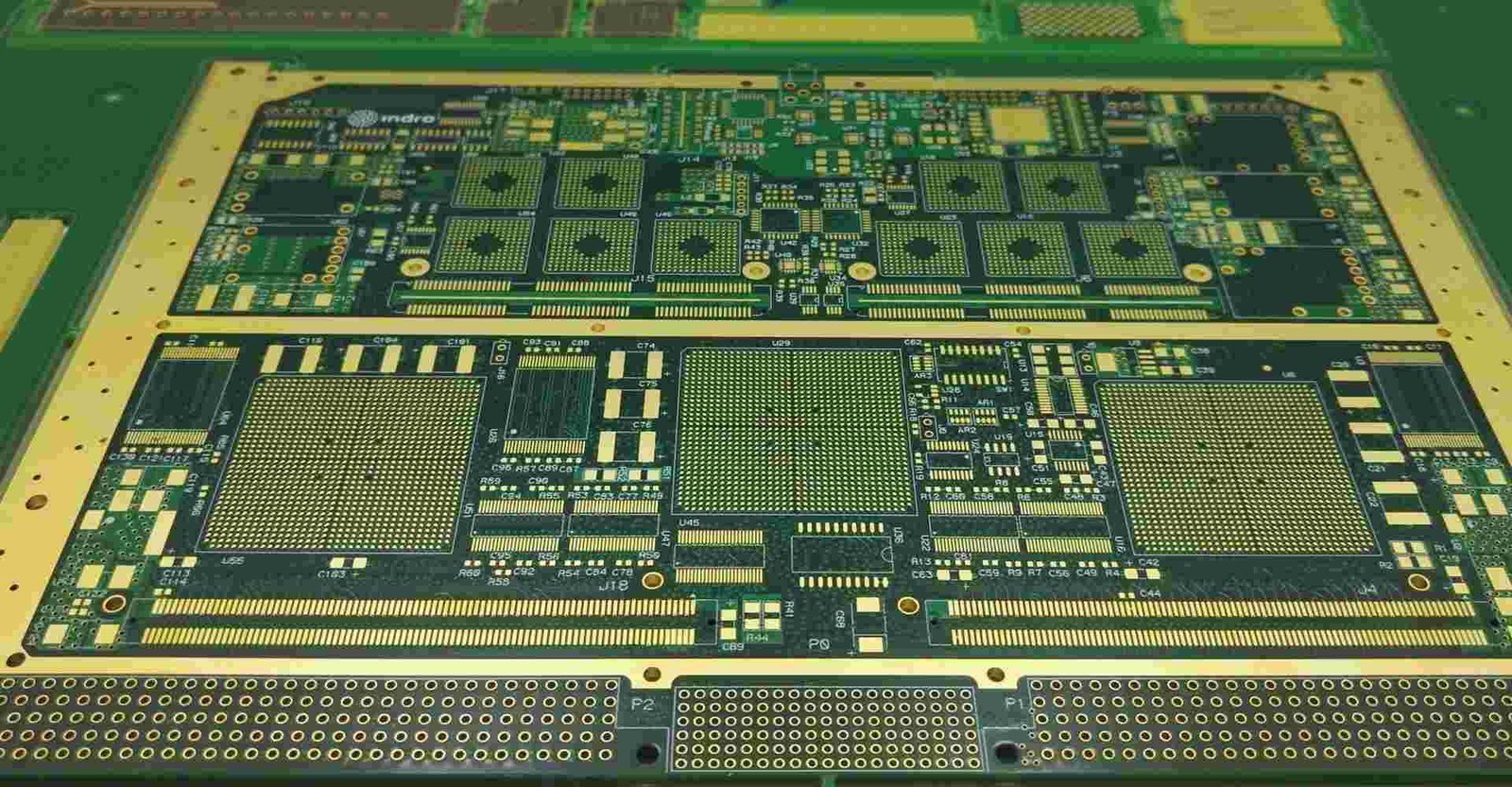 Multilayer PCB panel example | GlobalWin Panel of bare circuit boards with dense traces, component pads and board outlines