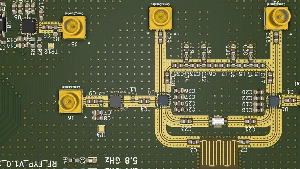 Green bare circuit board with RF-style trace patterns and large ground areas