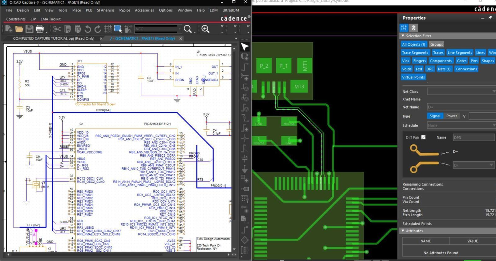 Schematic and PCB layout screen | GlobalWin Computer interface displaying an electronic schematic beside a circuit-board layout